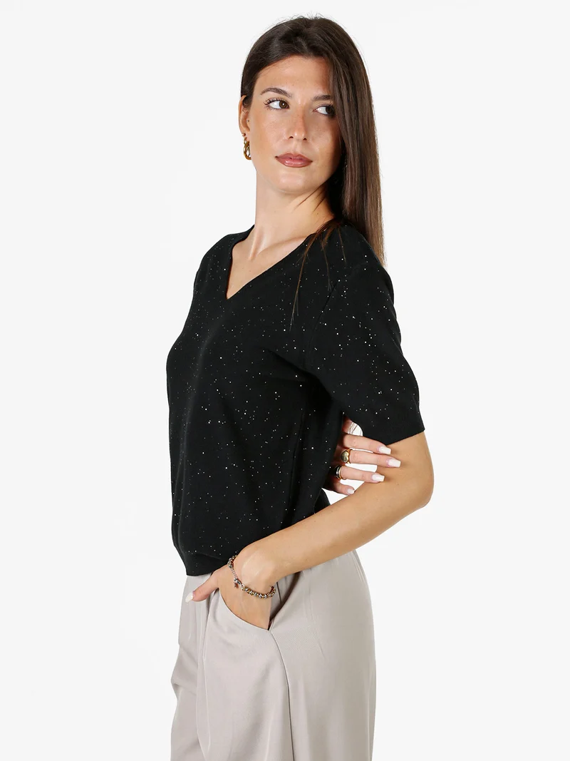 Maglia donna a maniche corte con scollo a V e mini paillettes - nero