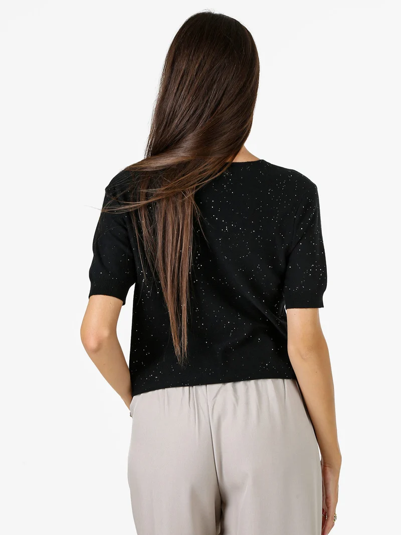 Maglia donna a maniche corte con scollo a V e mini paillettes - nero
