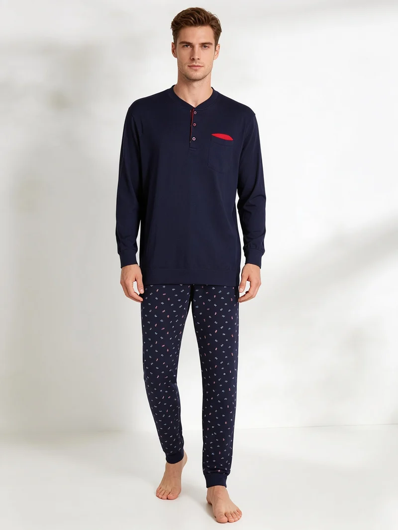 Pigiama lungo da uomo in cotone jersey - blu scuro