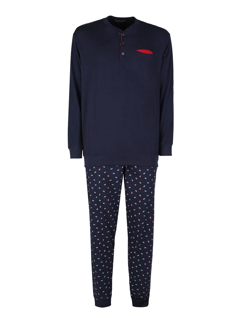 Pigiama lungo da uomo in cotone jersey - blu scuro