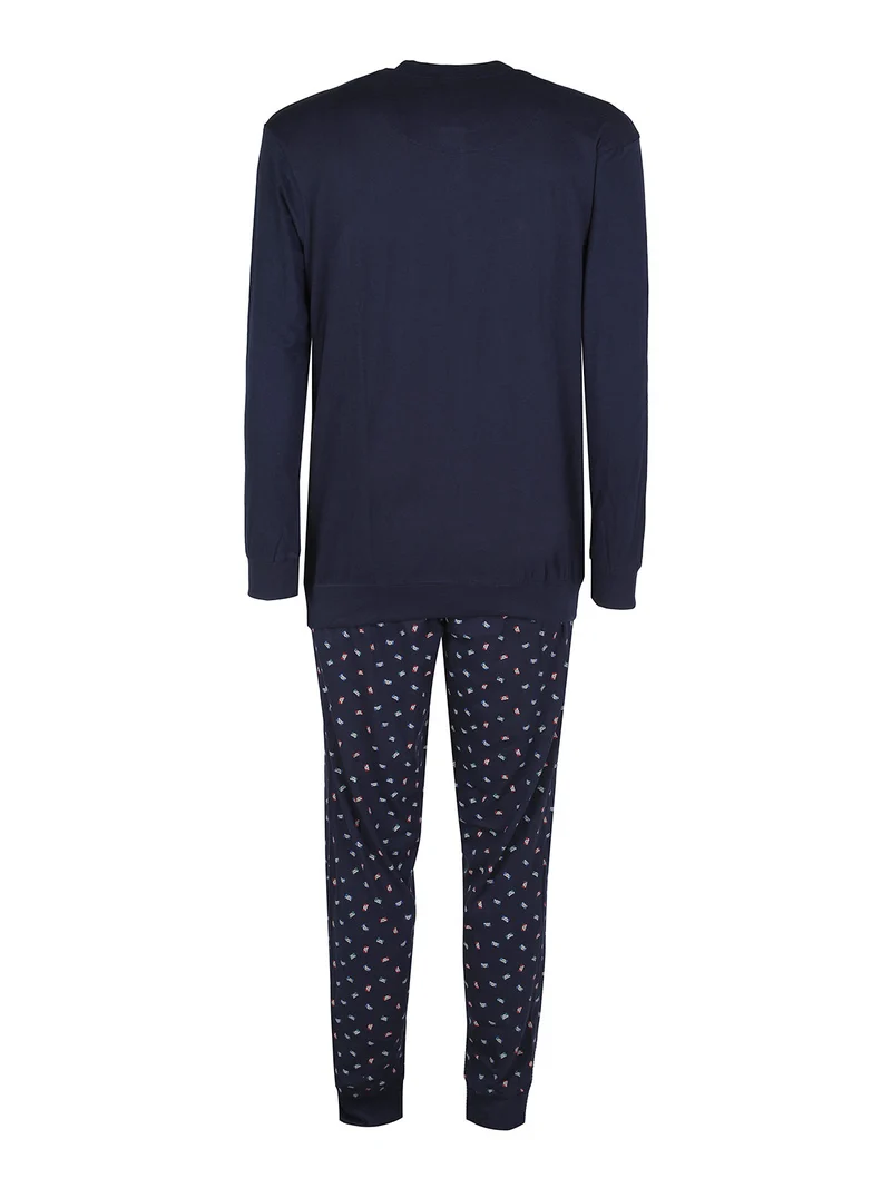 Pigiama lungo da uomo in cotone jersey - blu scuro