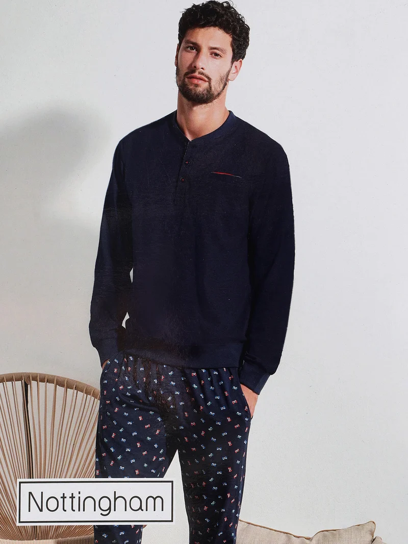 Pigiama lungo da uomo in cotone jersey - blu scuro
