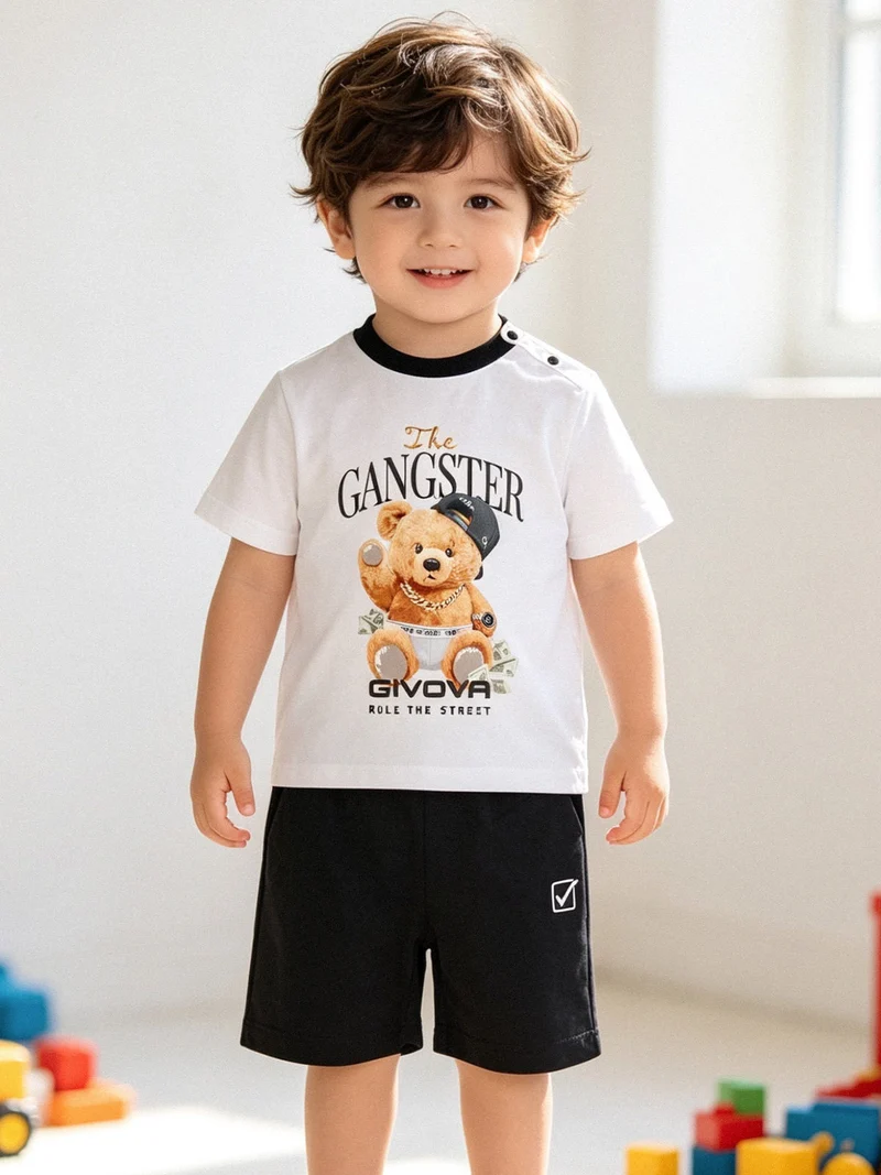 Completo corto da neonato in cotone con t-shirt orsacchiotto e shorts - bianco