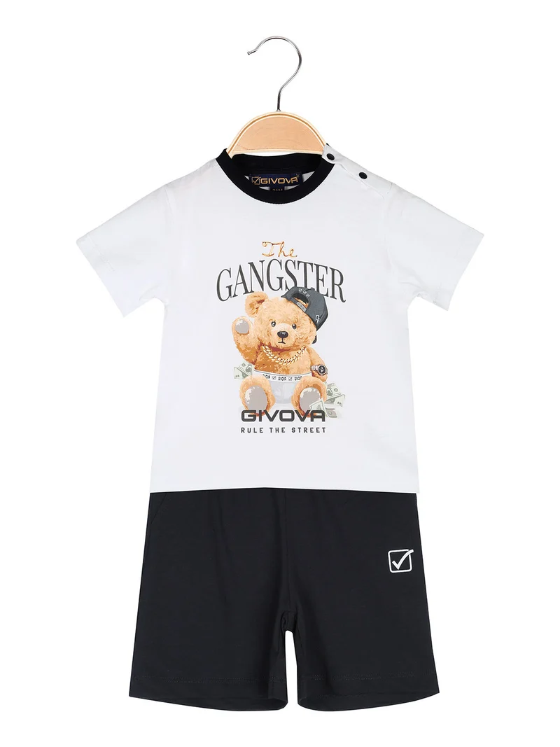 Completo corto da neonato in cotone con t-shirt orsacchiotto e shorts - bianco
