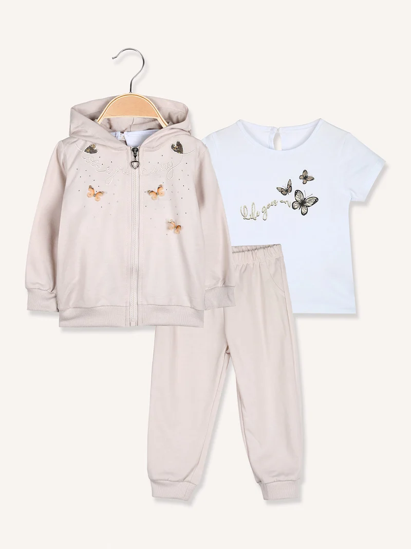 Completo tuta 3 pezzi da neonata con cappuccio e zip - beige