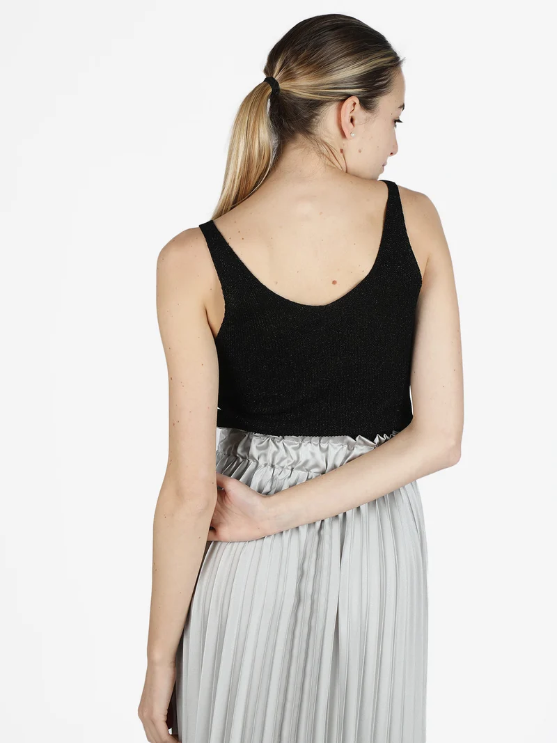 Top donna in lurex a costine scollo V - nero