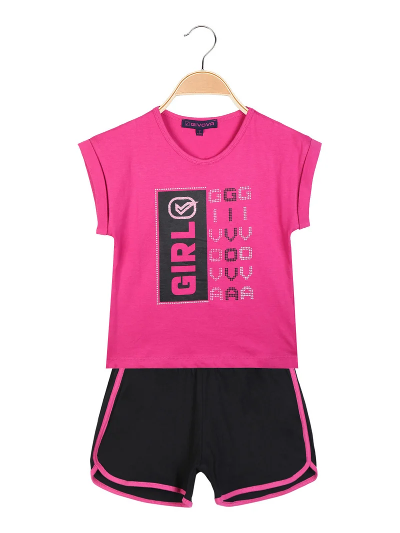 Completo corto sportivo 2 pezzi da bambina con strass - fucsia
