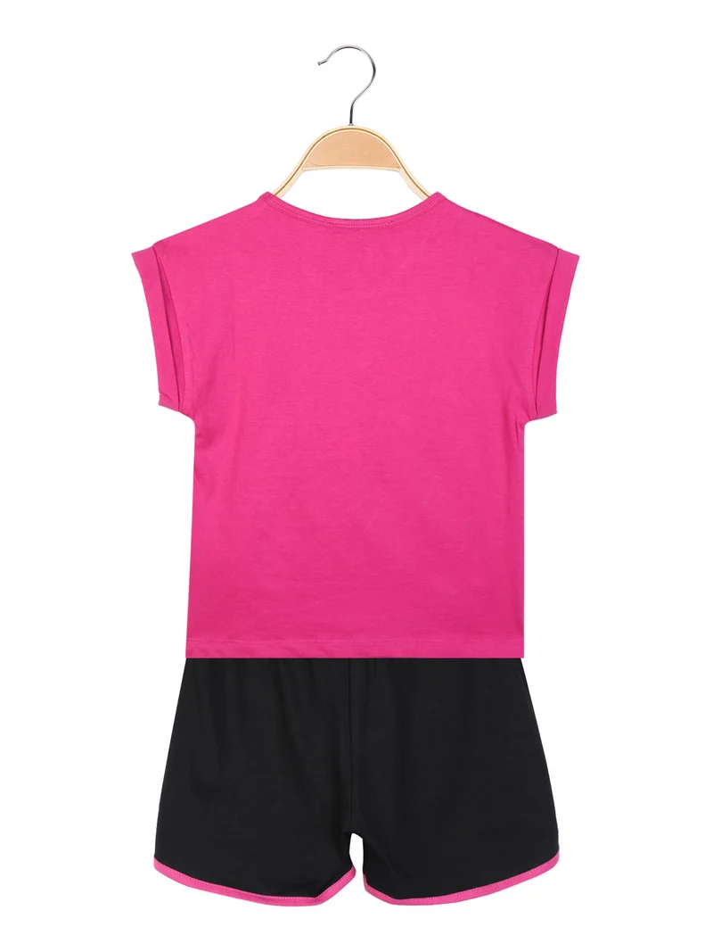 Completo corto sportivo 2 pezzi da bambina con strass - fucsia