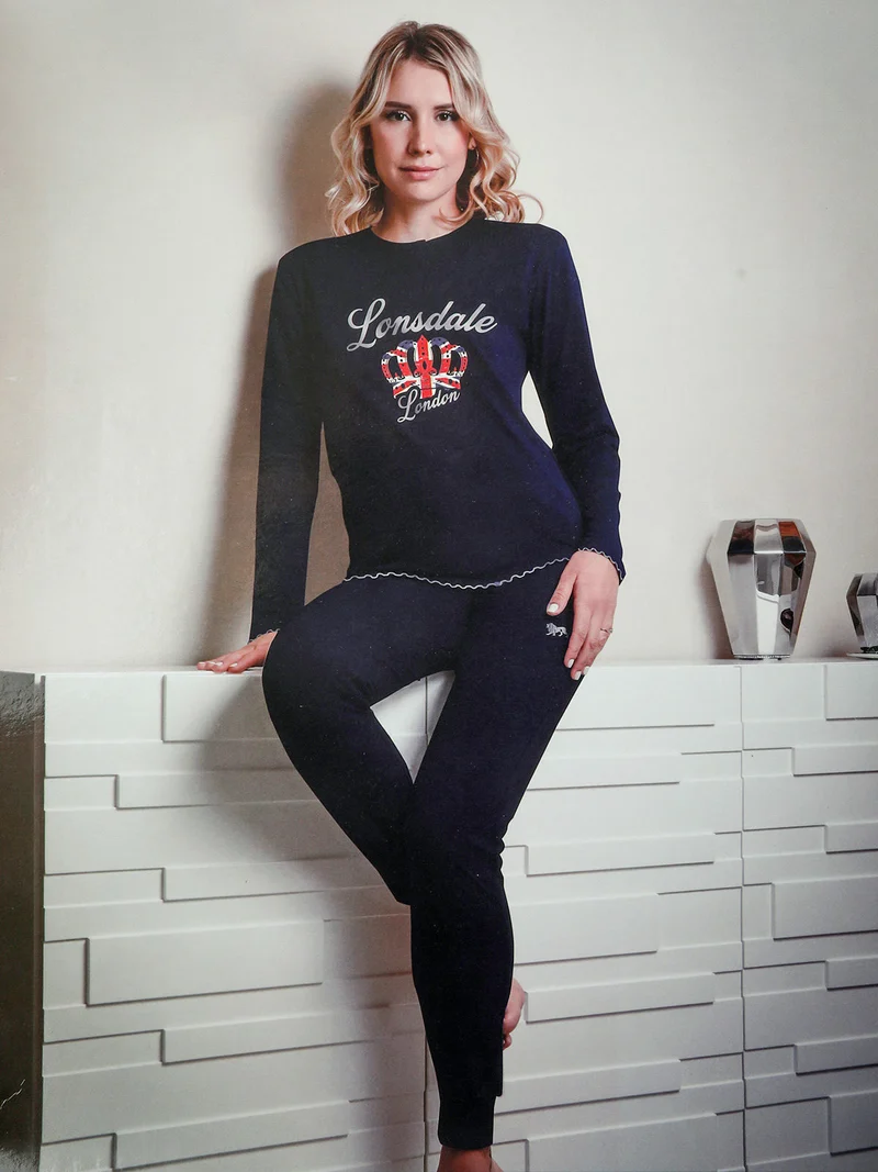 Pigiama lungo da donna misto cotone - blu scuro