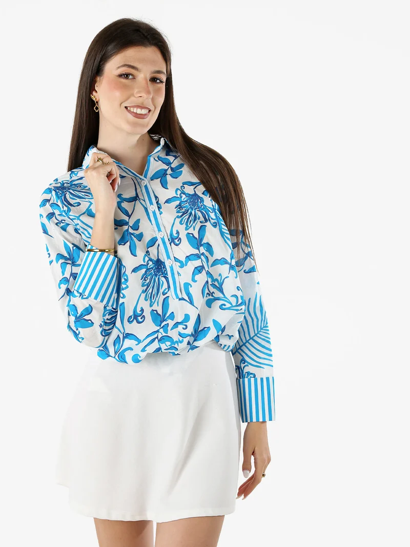 Camicia da donna in cotone a maniche lunghe con stampa floreale - turchese