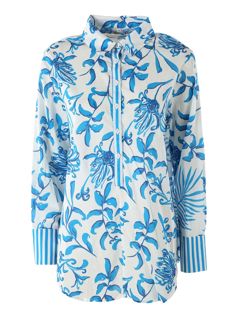 Camicia da donna in cotone a maniche lunghe con stampa floreale - turchese
