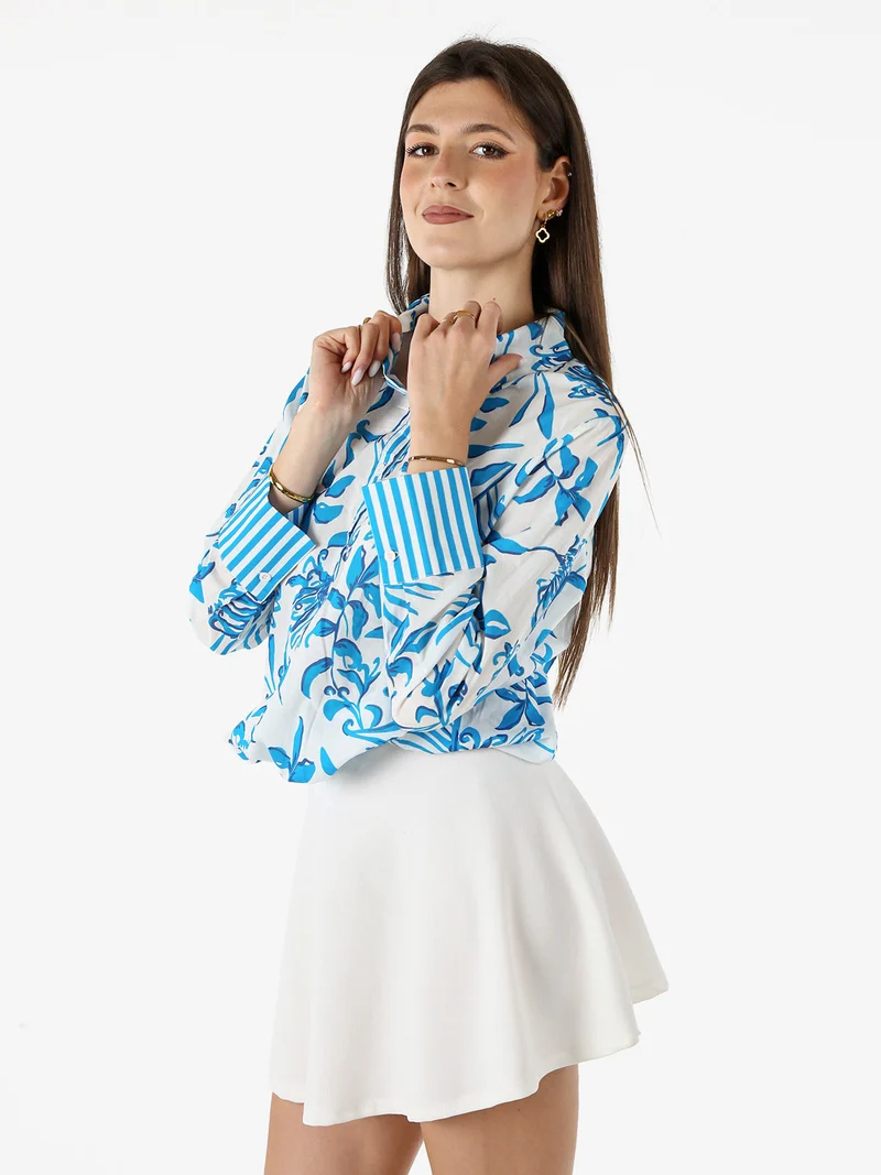 Camicia da donna in cotone a maniche lunghe con stampa floreale - turchese