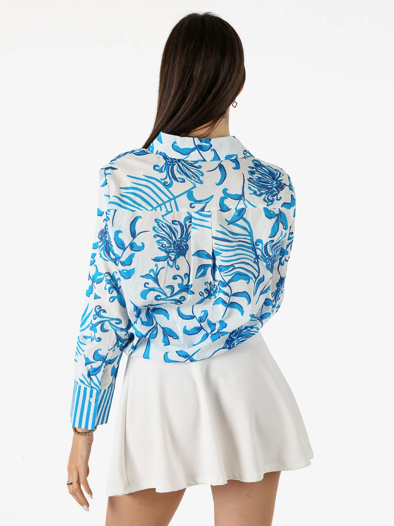 Camicia da donna in cotone a maniche lunghe con stampa floreale - turchese