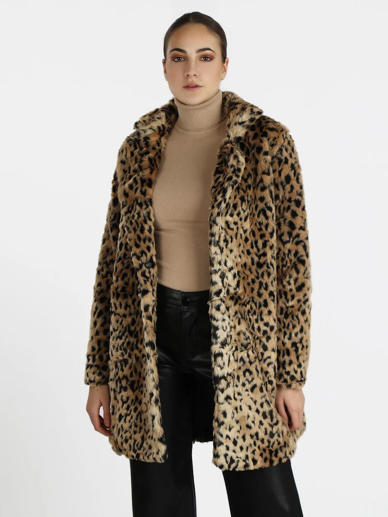 Cappotto donna leopardato in ecopelliccia - cammello