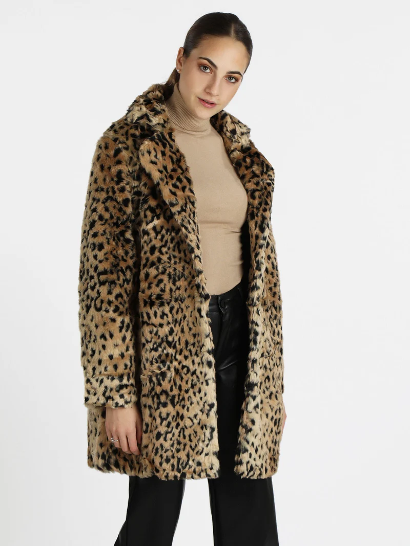 Cappotto donna leopardato in ecopelliccia - cammello