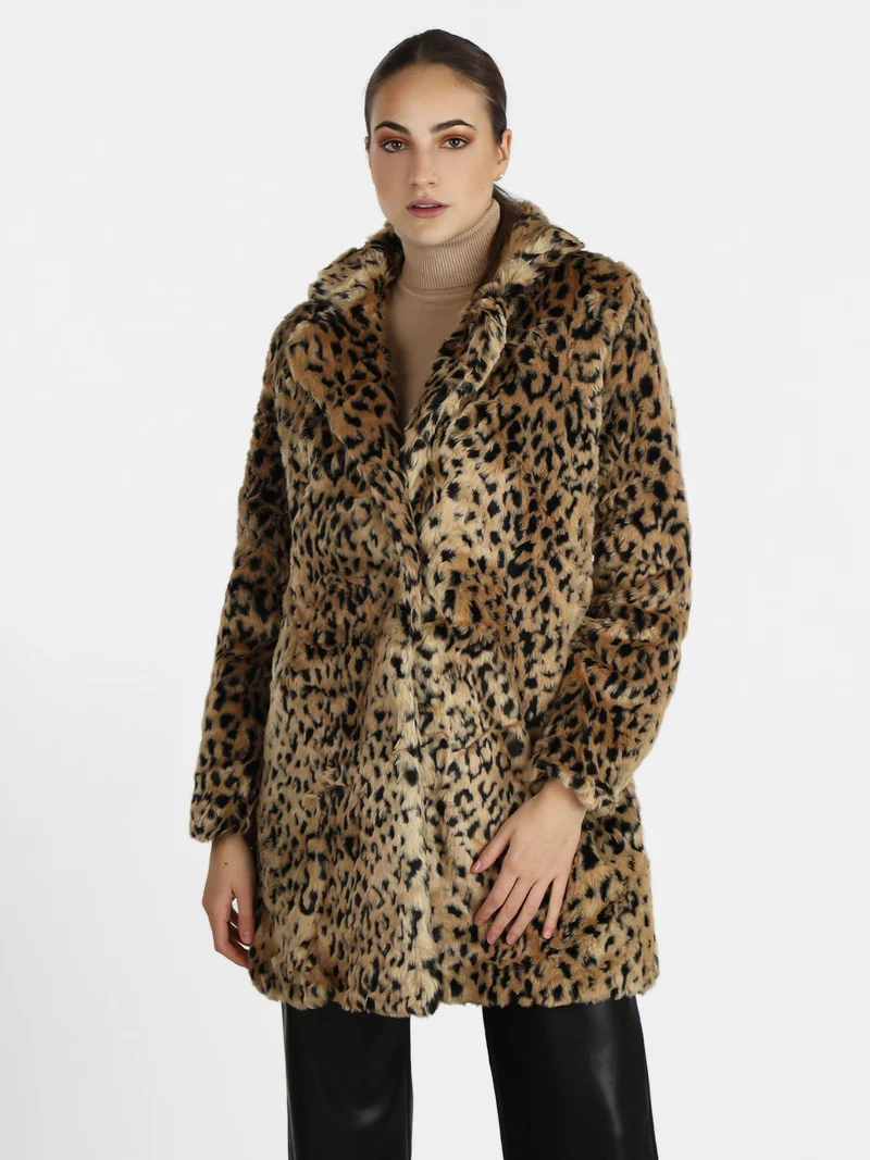 Cappotto donna leopardato in ecopelliccia - cammello