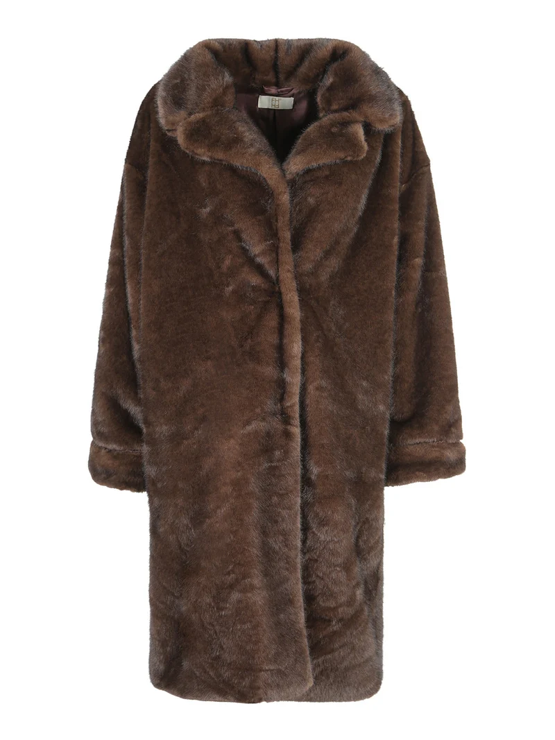 Cappotto donna lungo in pelliccia sintetica - caffè