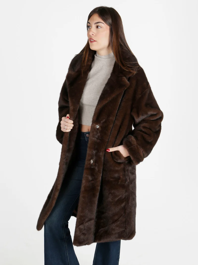Cappotto donna lungo in pelliccia sintetica - caffè