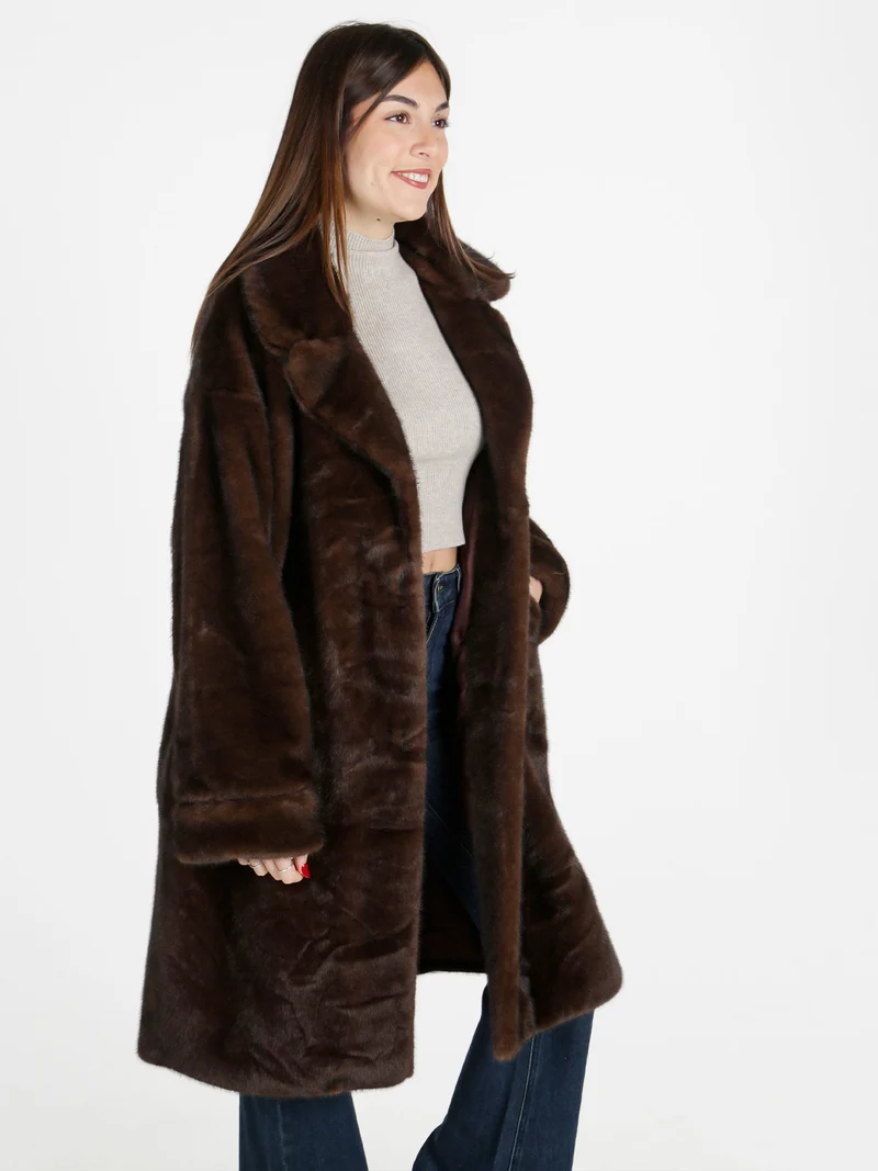 Cappotto donna lungo in pelliccia sintetica - caffè