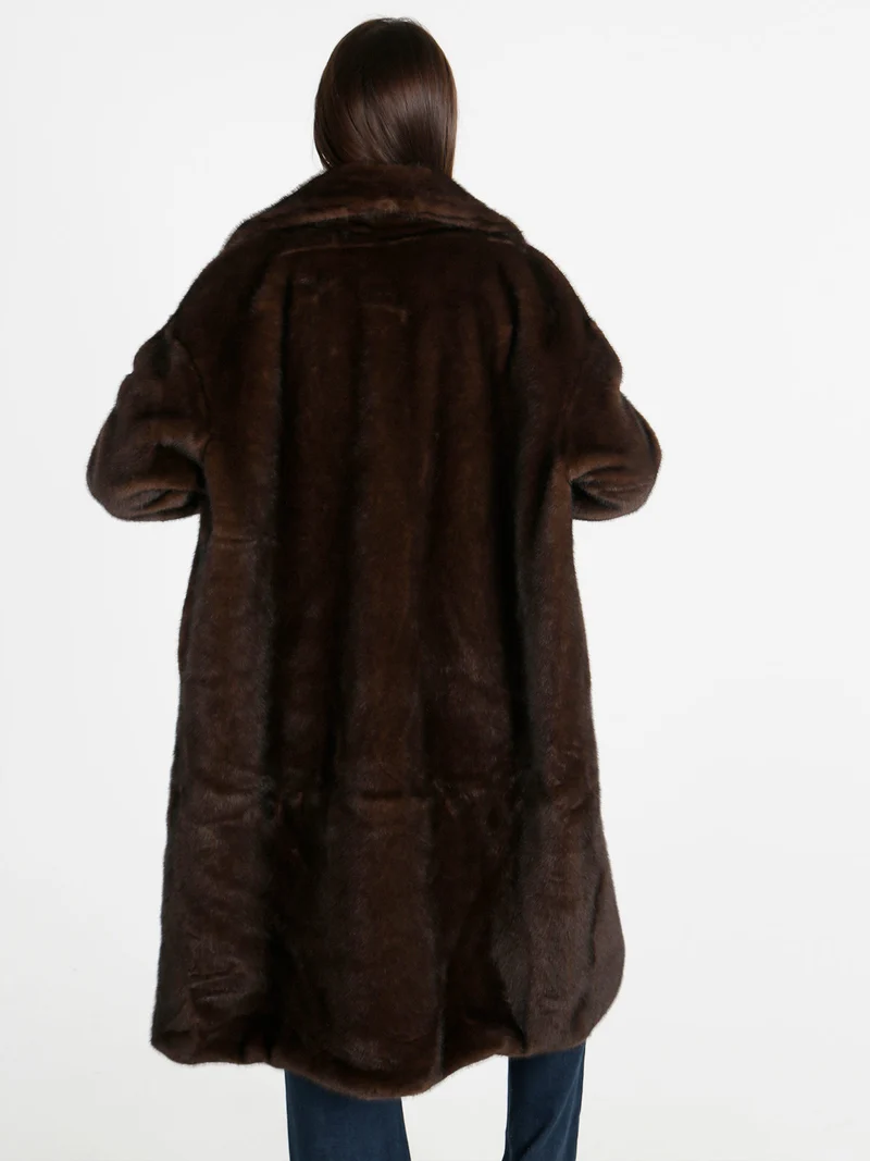 Cappotto donna lungo in pelliccia sintetica - caffè
