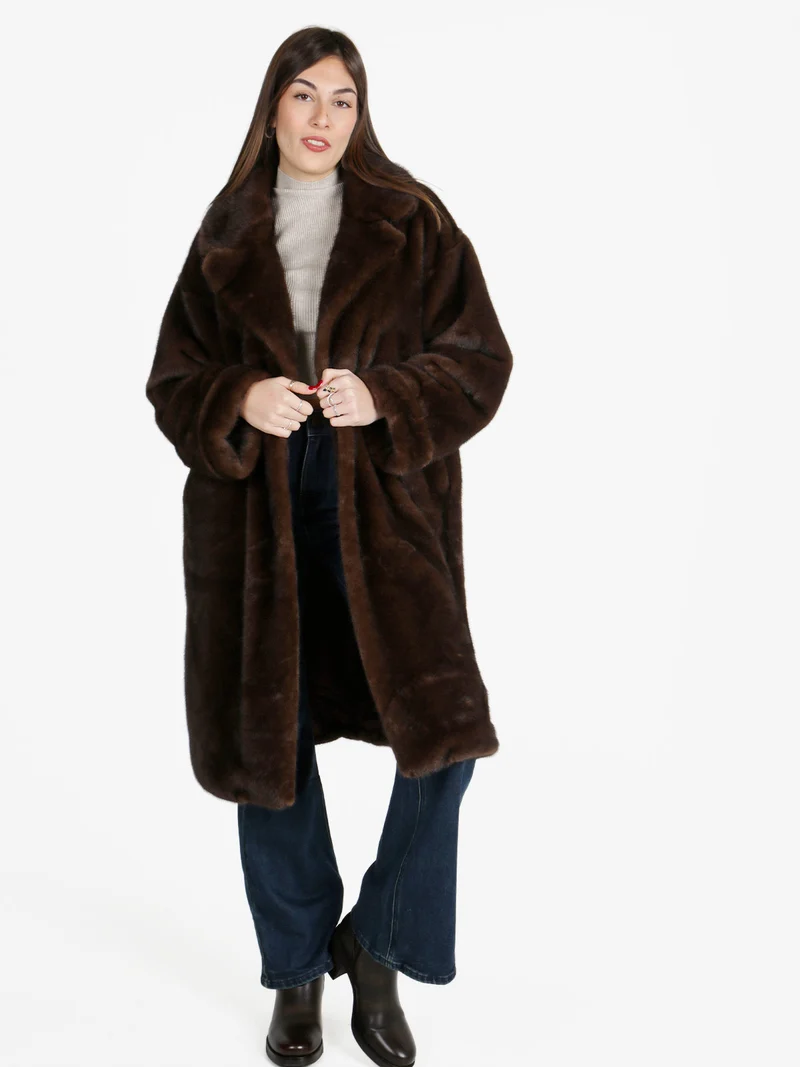Cappotto donna lungo in pelliccia sintetica - caffè
