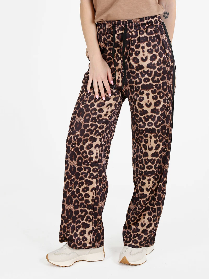 Pantaloni donna animalier a gamba larga - caffè