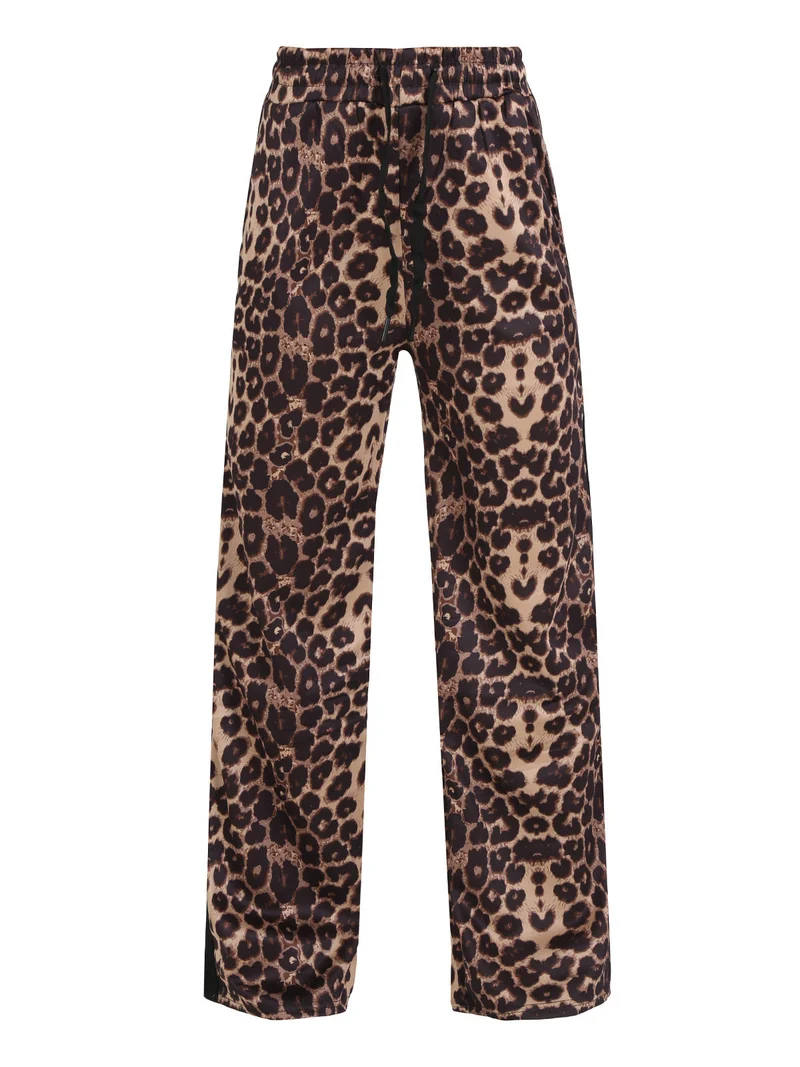 Pantaloni donna animalier a gamba larga - caffè