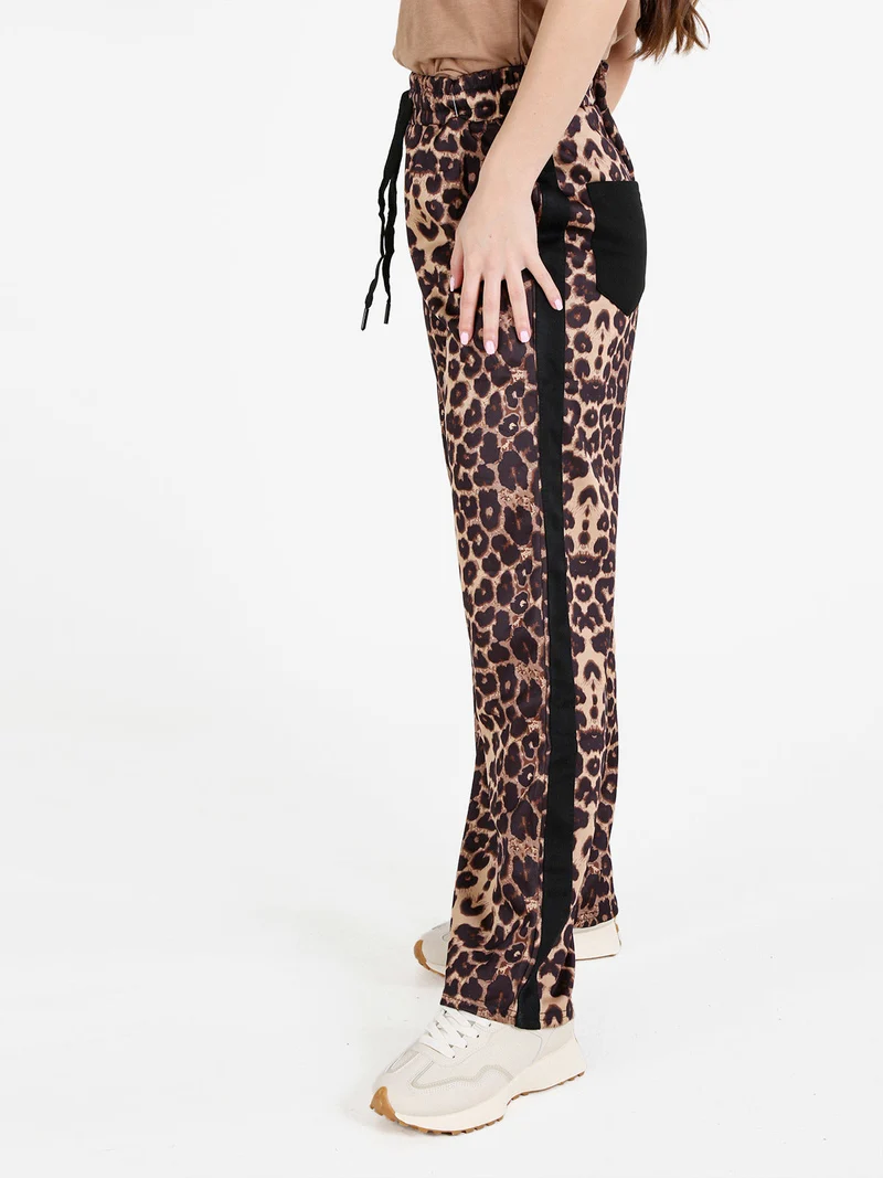 Pantaloni donna animalier a gamba larga - caffè
