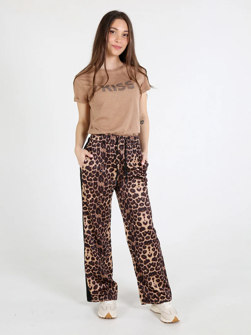Pantaloni donna animalier a gamba larga - caffè