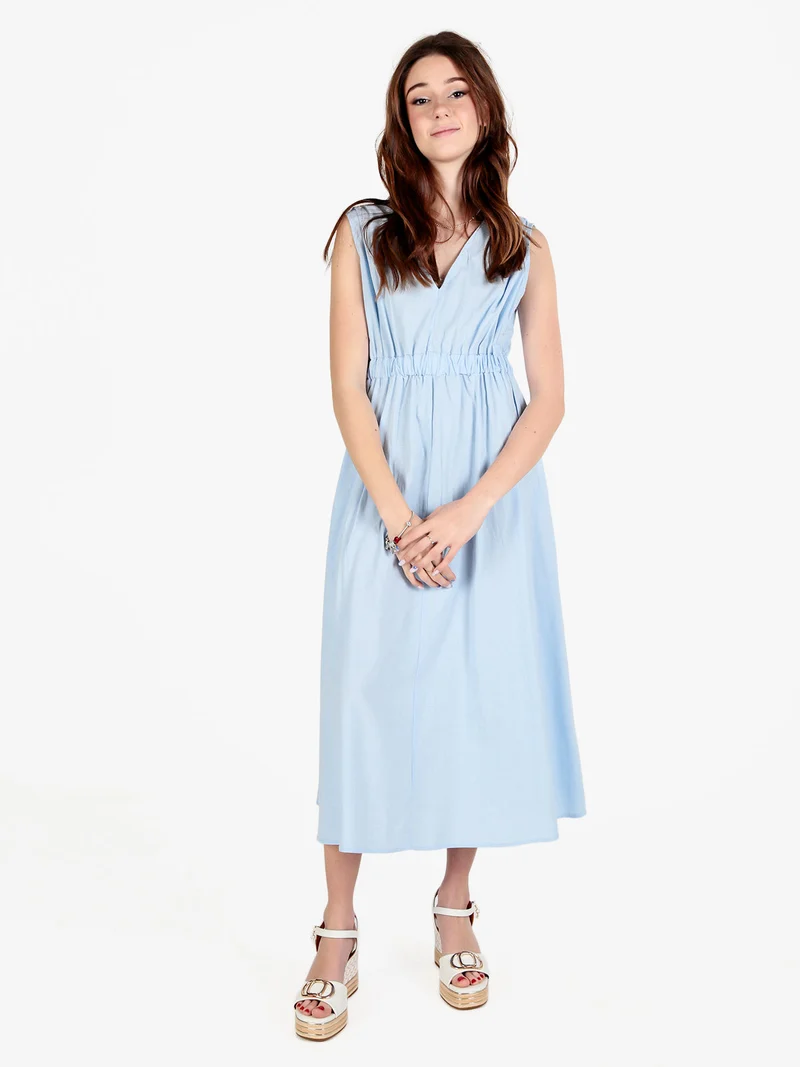 Abito lungo da donna smanicato in misto lino - azzurro