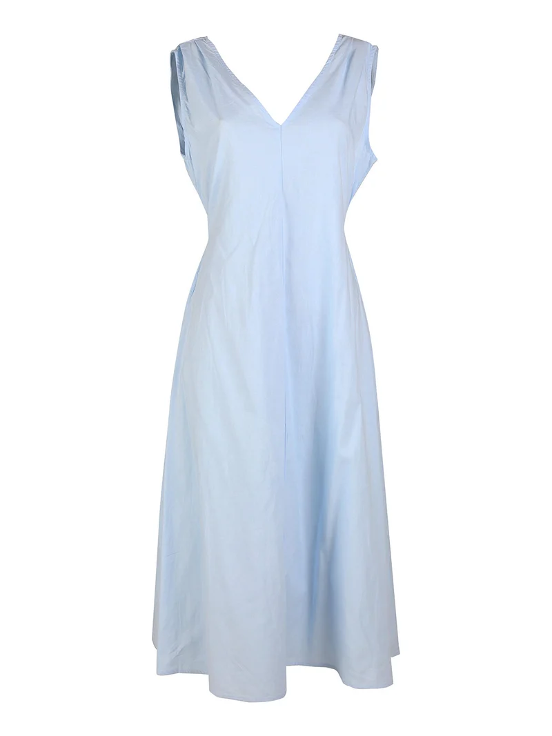 Abito lungo da donna smanicato in misto lino - azzurro