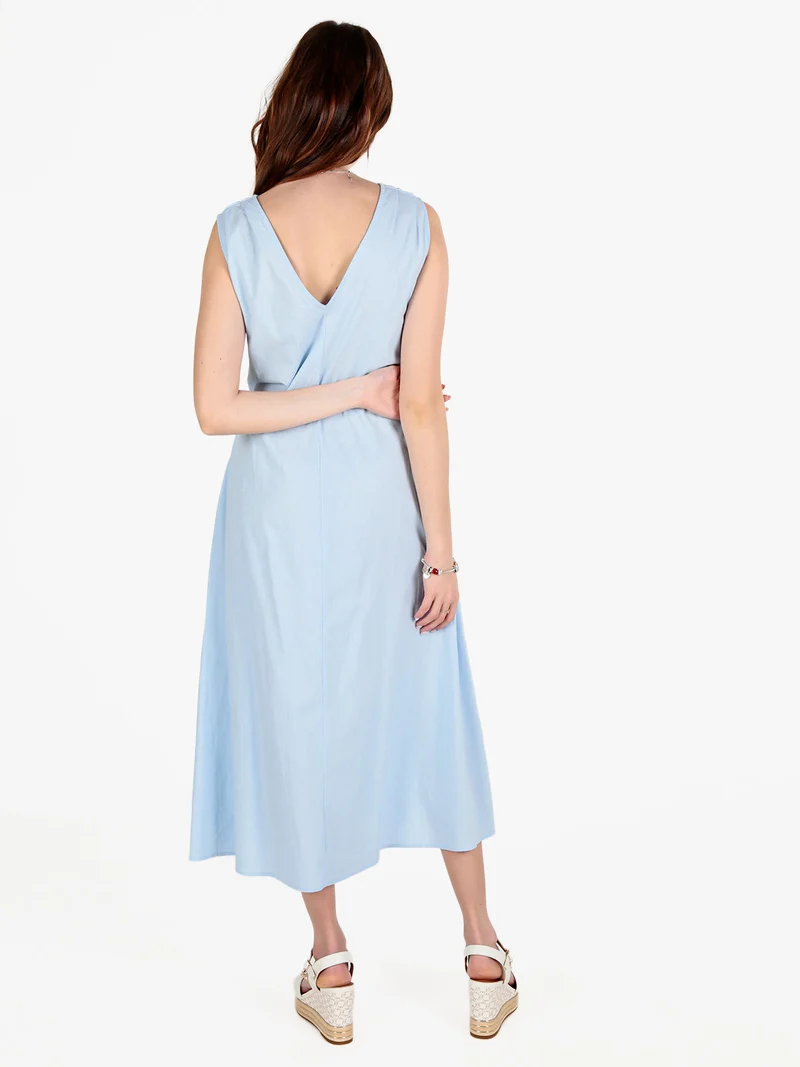 Abito lungo da donna smanicato in misto lino - azzurro