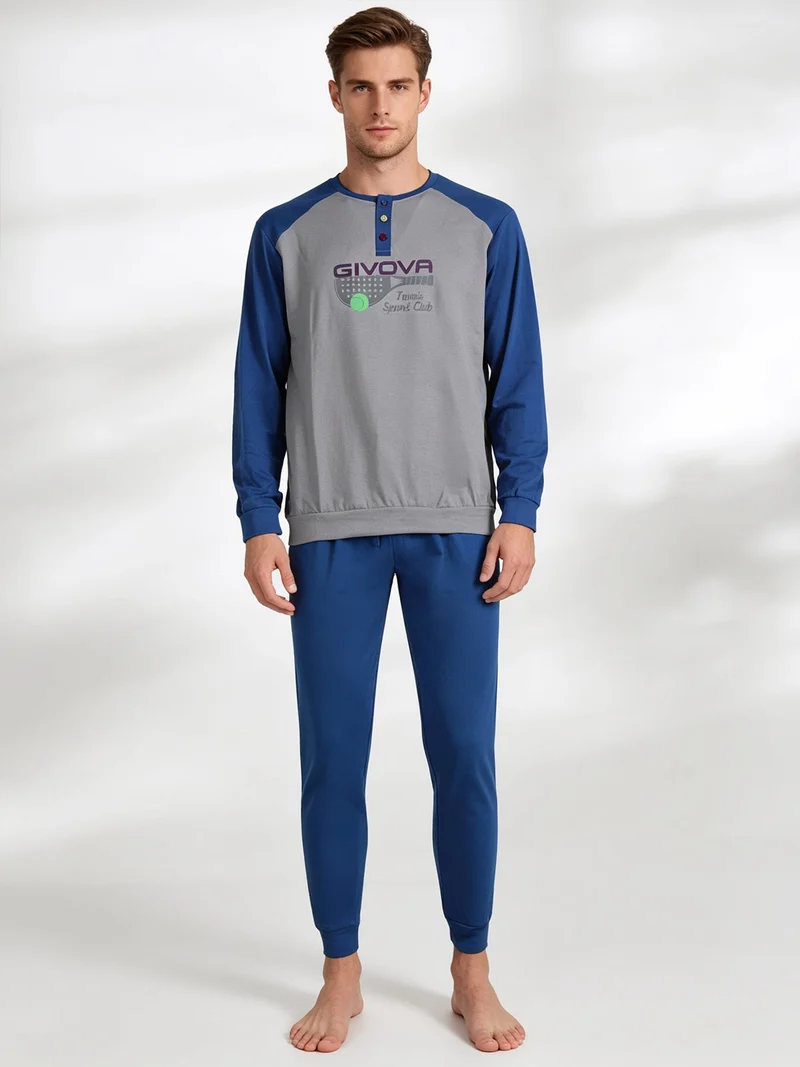 Pigiama lungo da uomo in misto cotone - blu