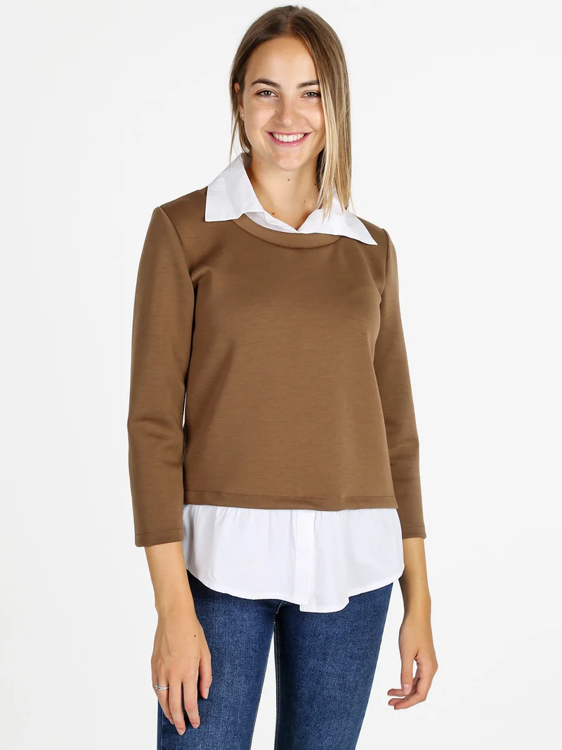 Felpa donna girocollo con dettagli a camicia - marrone