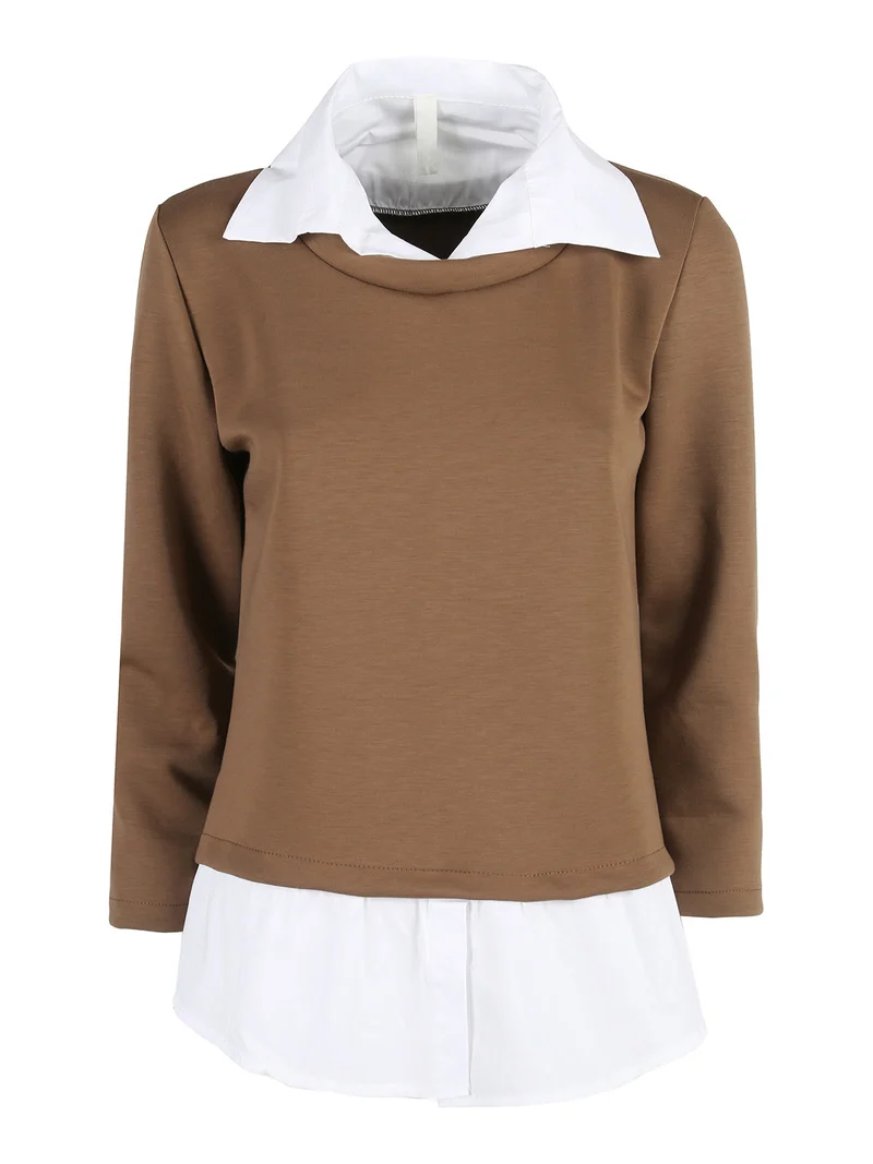 Felpa donna girocollo con dettagli a camicia - marrone