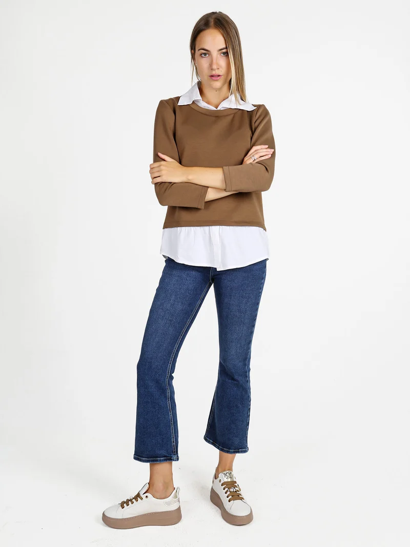 Felpa donna girocollo con dettagli a camicia - marrone