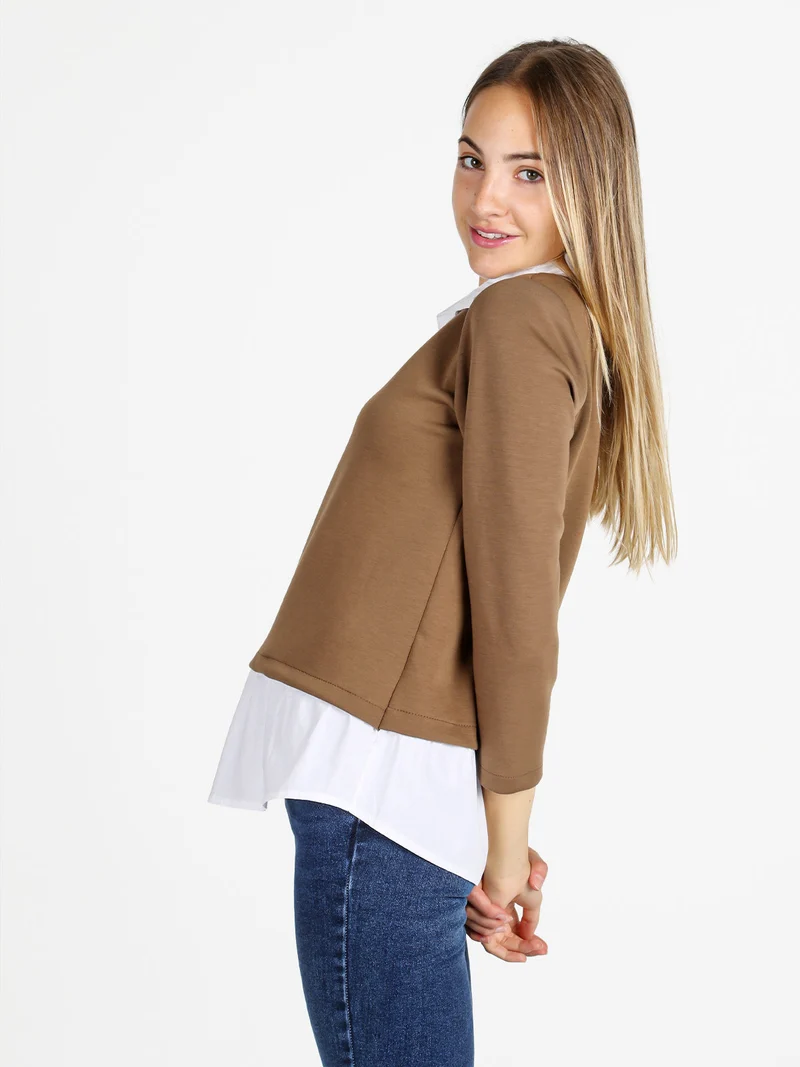 Felpa donna girocollo con dettagli a camicia - marrone