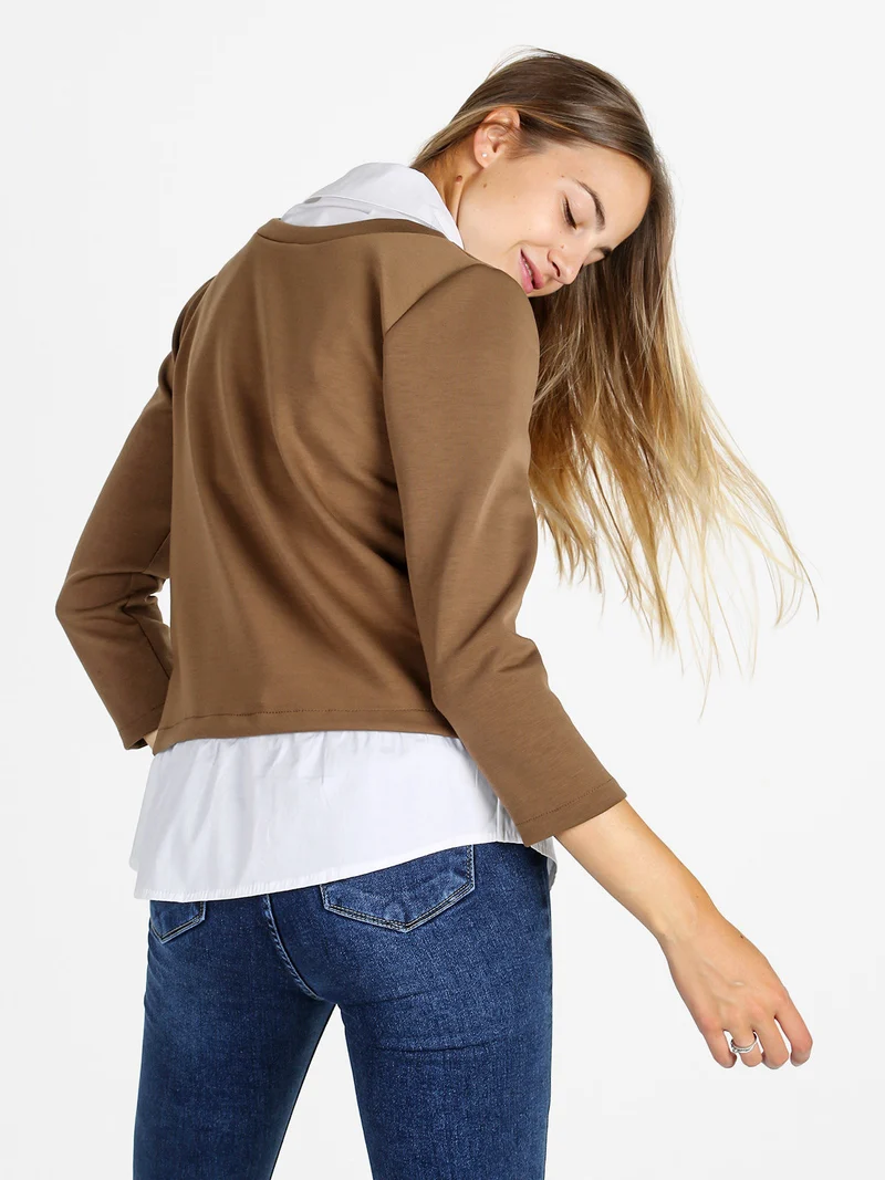 Felpa donna girocollo con dettagli a camicia - marrone