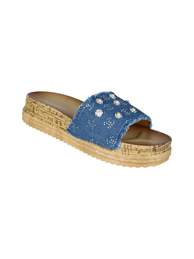 Ciabatte donna con dettagli fiore e perle - blu scuro
