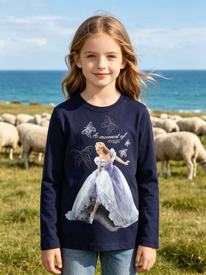 Cinderella maglietta bambina a manica lunga con stampa - blu scuro