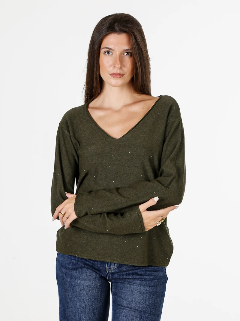 Maglia donna con scollo a V e dettagli di mini paillettes - militare