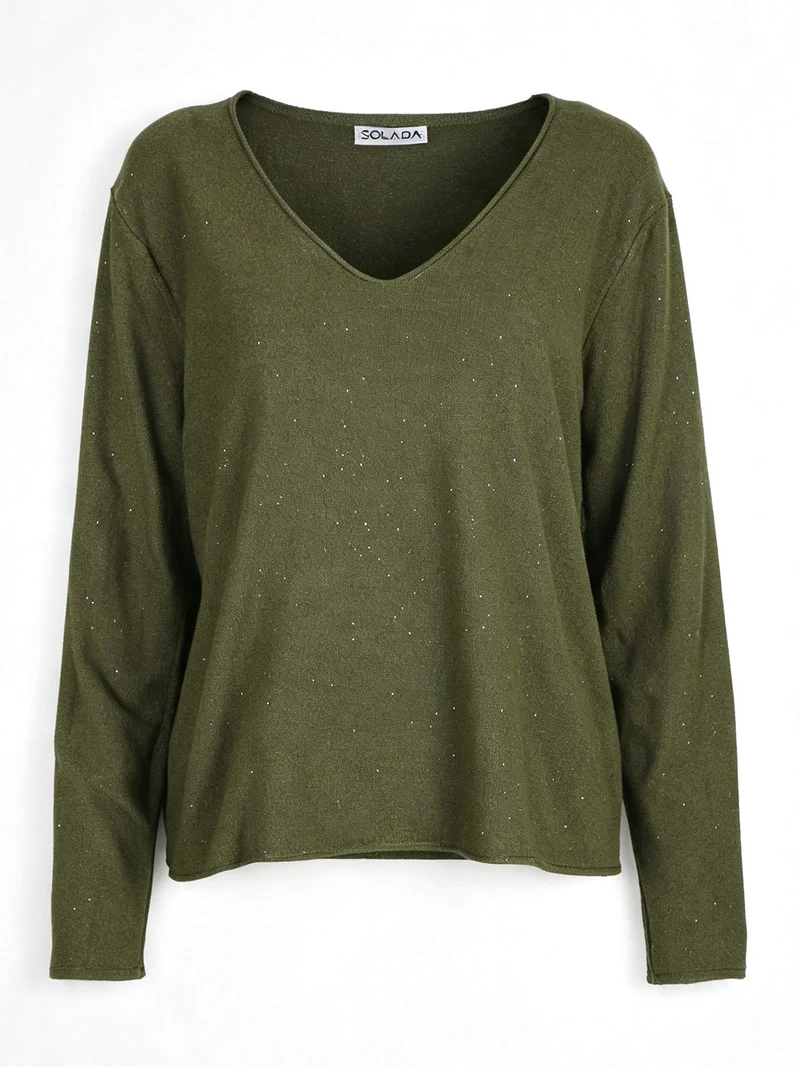 Maglia donna con scollo a V e dettagli di mini paillettes - militare