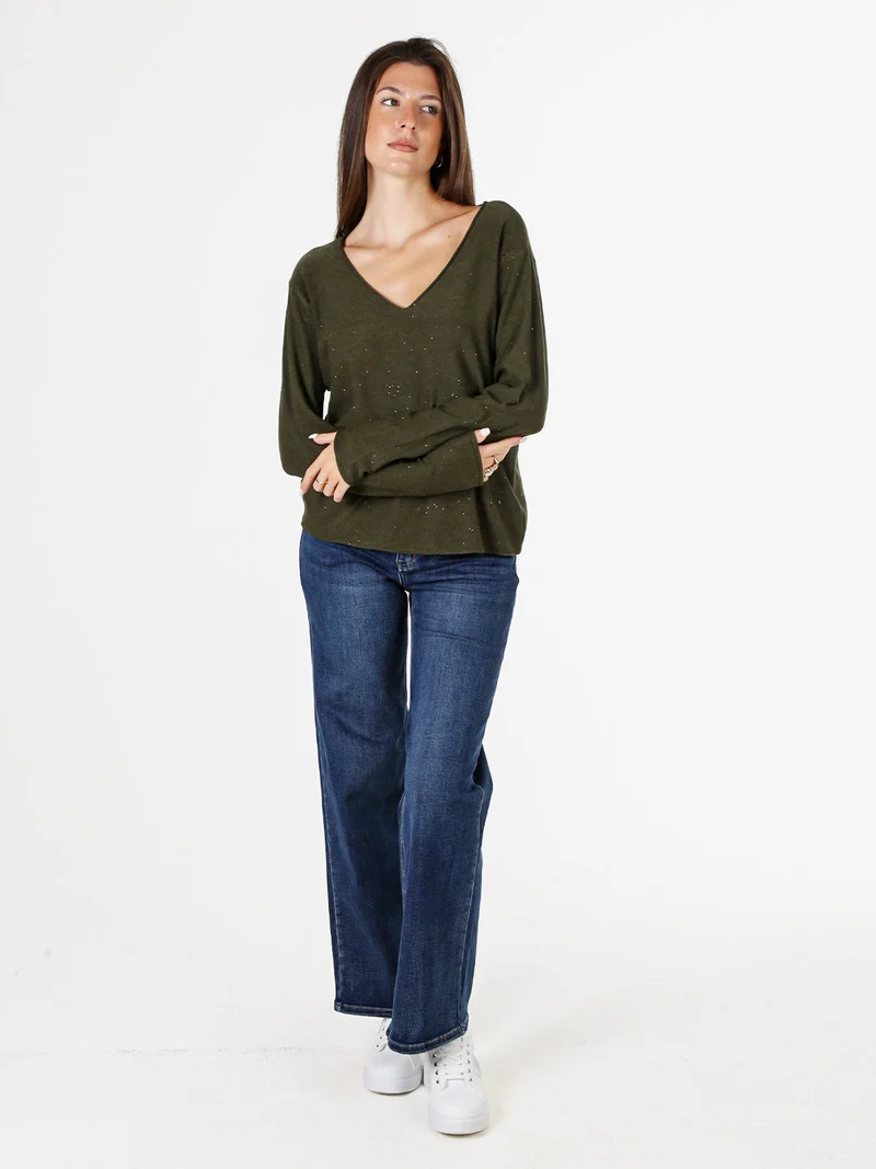 Maglia donna con scollo a V e dettagli di mini paillettes - militare