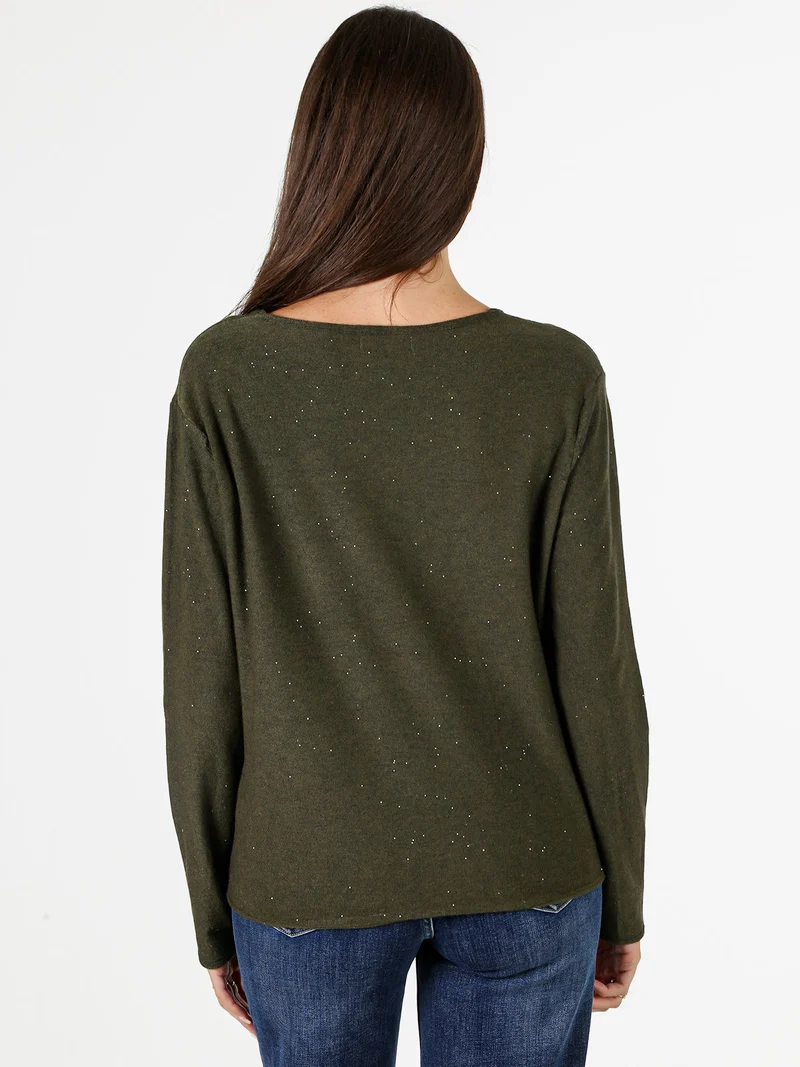 Maglia donna con scollo a V e dettagli di mini paillettes - militare