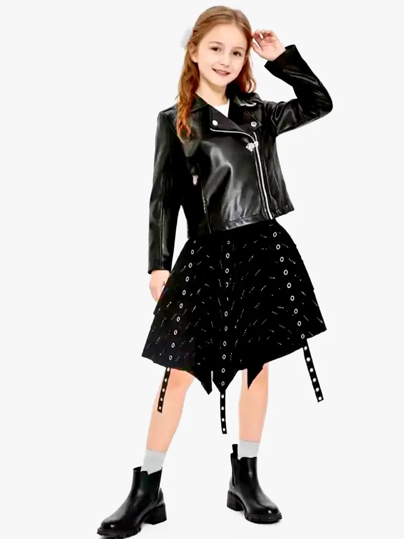 Completo 3 pezzi da bambina con giacca in ecopelle e gonna con strass - nero