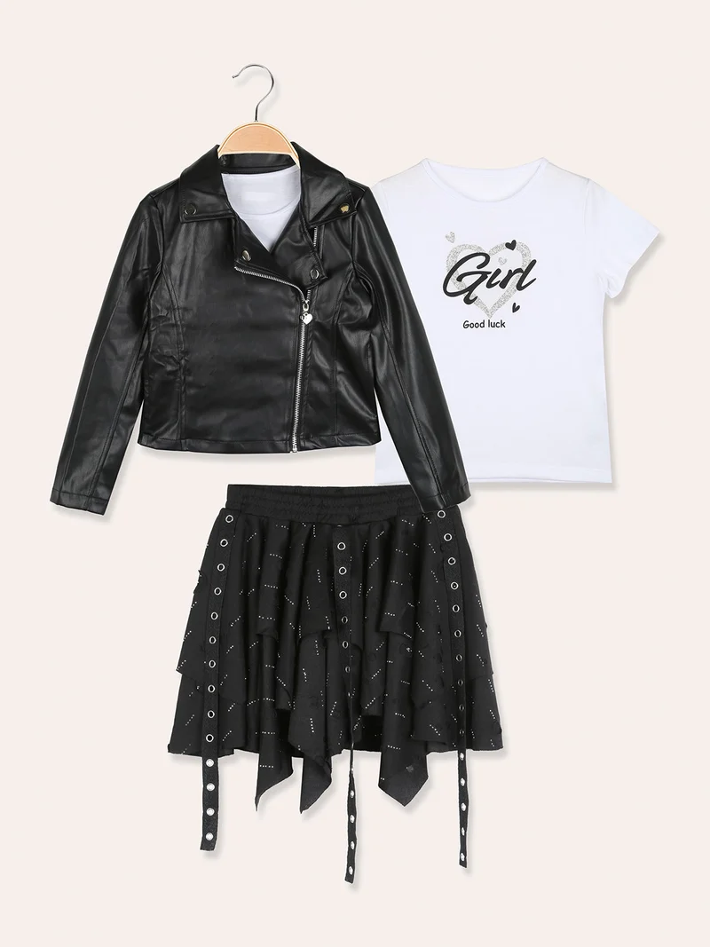 Completo 3 pezzi da bambina con giacca in ecopelle e gonna con strass - nero