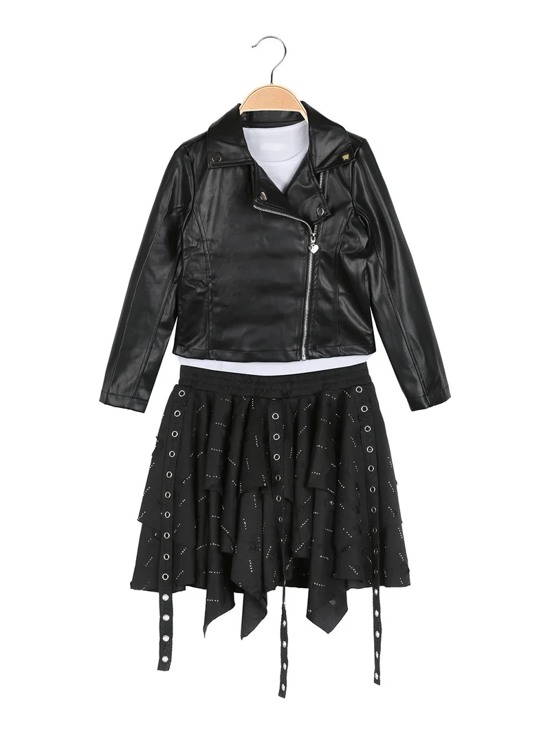 Completo 3 pezzi da bambina con giacca in ecopelle e gonna con strass - nero
