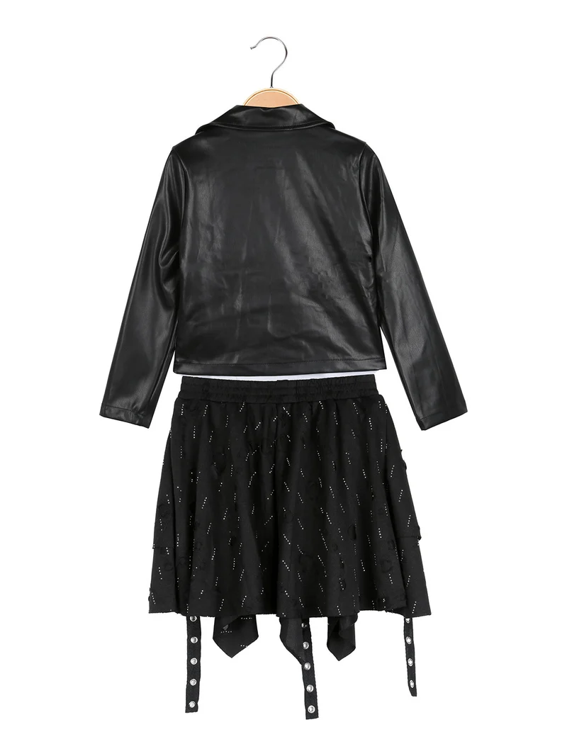 Completo 3 pezzi da bambina con giacca in ecopelle e gonna con strass - nero