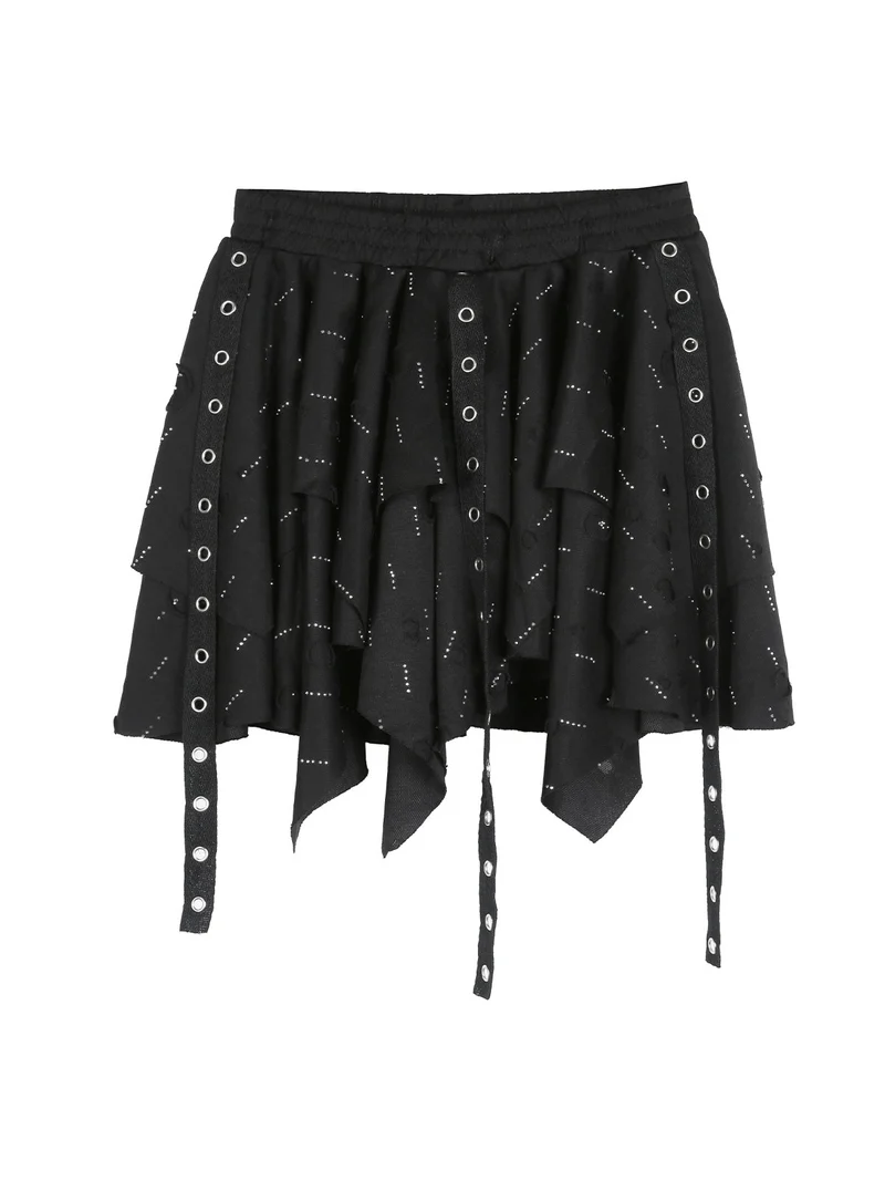 Completo 3 pezzi da bambina con giacca in ecopelle e gonna con strass - nero