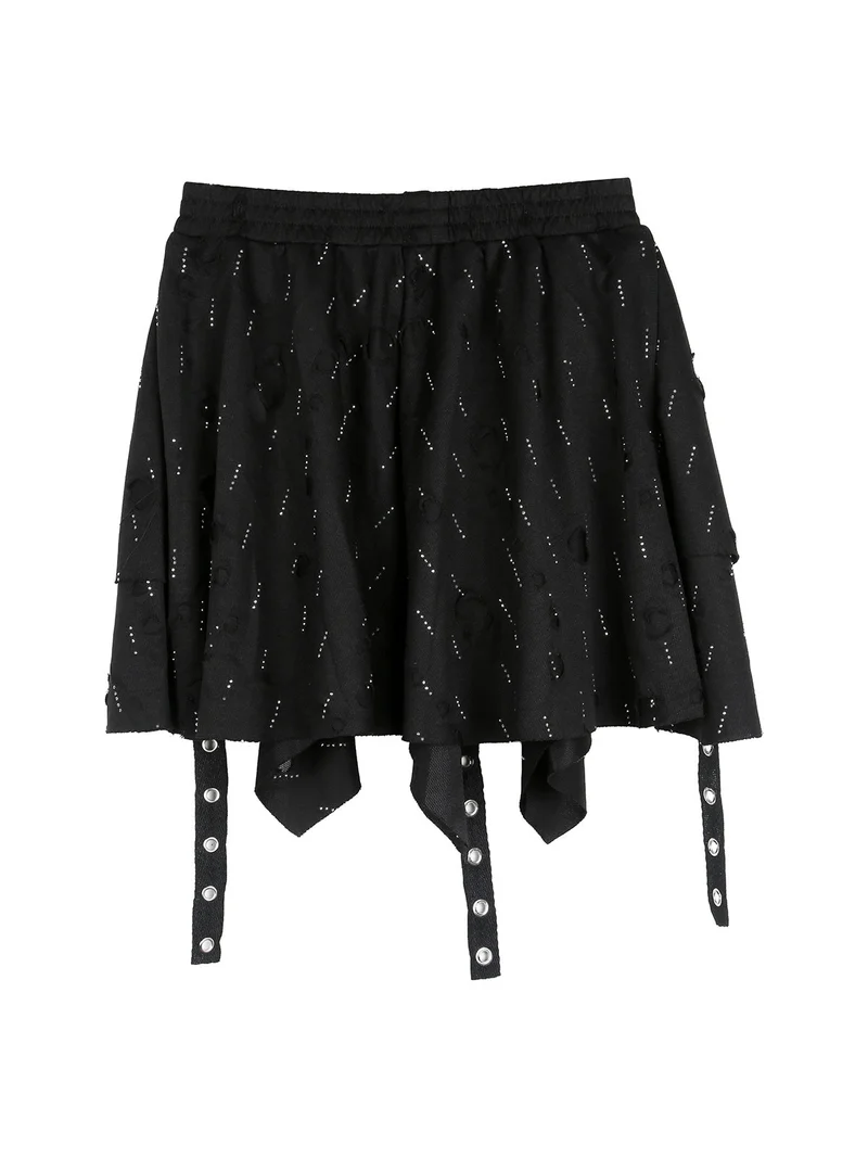 Completo 3 pezzi da bambina con giacca in ecopelle e gonna con strass - nero